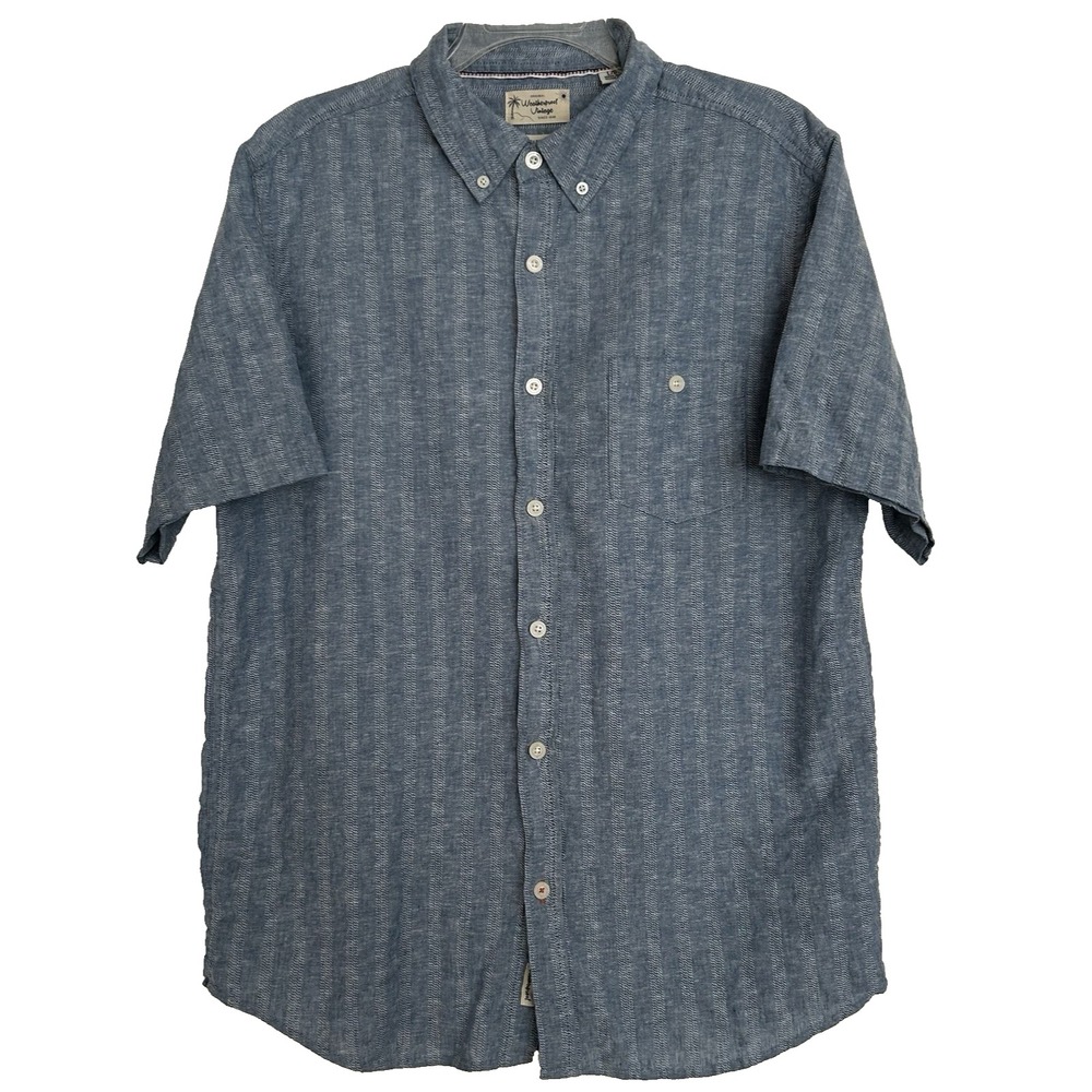 Original Weatherproof Vintage Men's‎ Striped Linen Shirt L/G Blue Short Sleeve